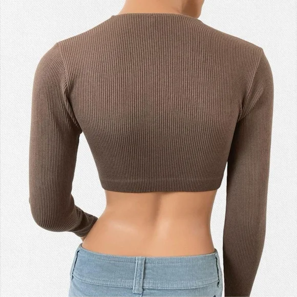 Zara Brown Ribbed Micro Crop Top Long Sleeve XS Twilightcore Earthy Grunge - Picture 3 of 8